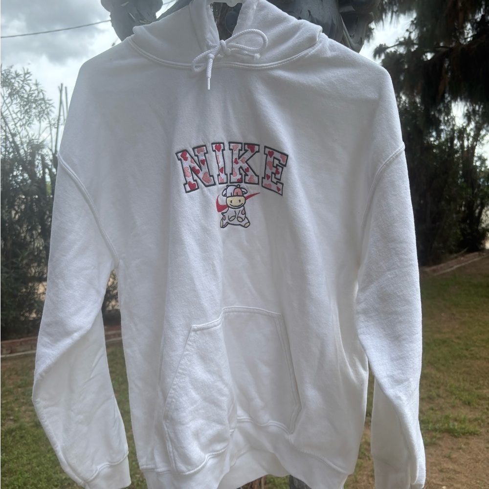 Embroidered “Nike” Hoodie with Hearts and Cow